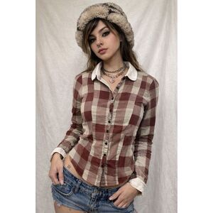 TROVATA Birds of Paradis Purple Plaid Button Up Cottage Shirt Women's Size Small